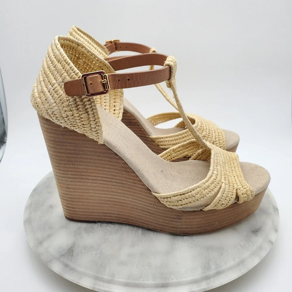 Tory Burch Carina Macrame Straw Wedge Sandals Royal Tan Leather T-Strap‎ US 9.5M